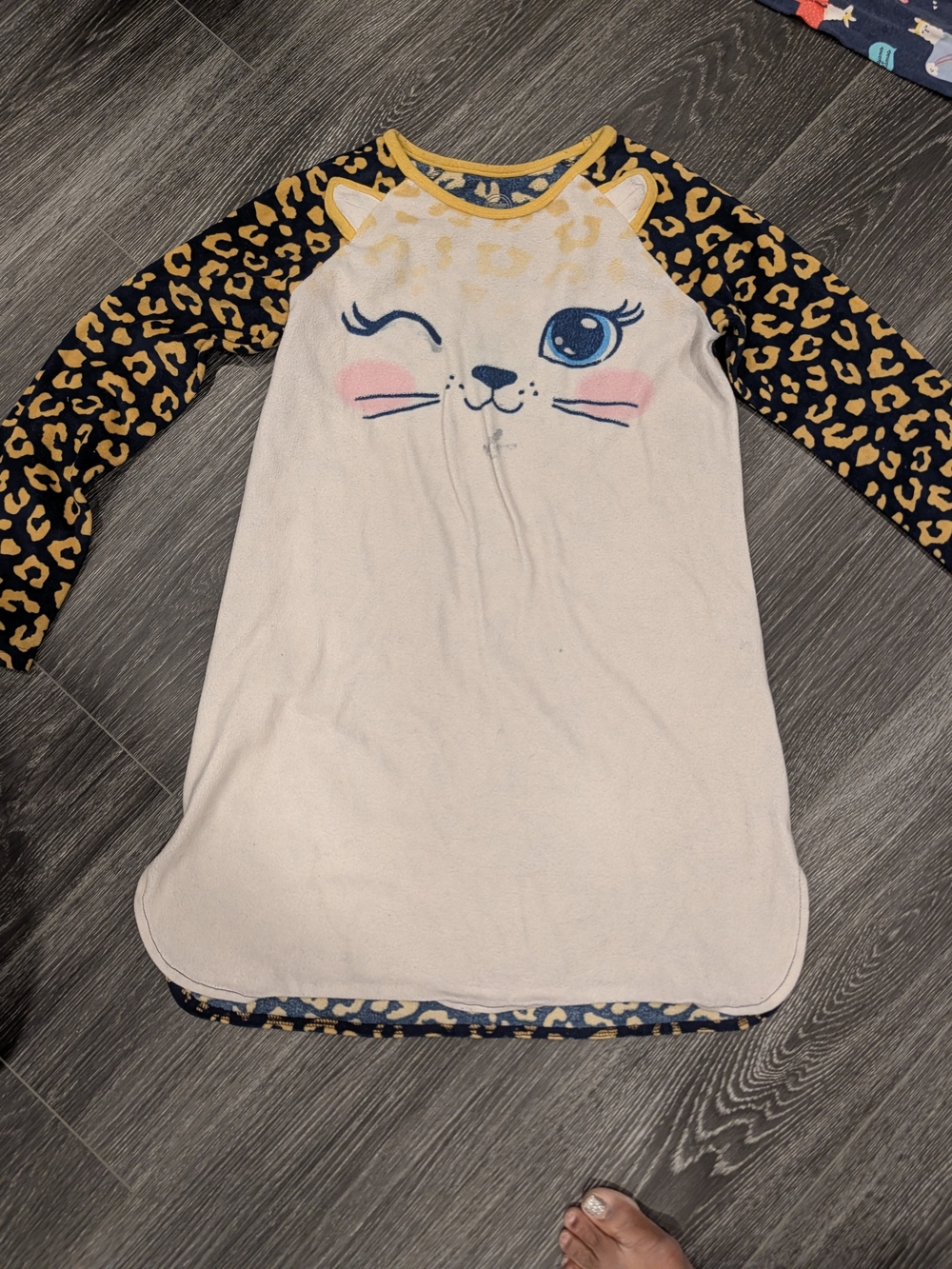 Girls' Cream & Navy Cat Sleep Gown with Leopard Sleeves